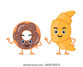 Croissant and donut. Cute happy characters for menu, banner. Breakfast, food, bakery concept. Yummy pastry desserts. Vector illustration