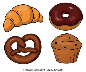 Croissant, donut, muffin, pretzel . Bakery products