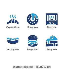 Croissant, Donut, Oven, Hot dog, Burger, Pastry, Blue Icon Set