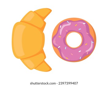 Croissant and donut. Yummy pastry desserts. Tasty sweet baked food. Vector illustration