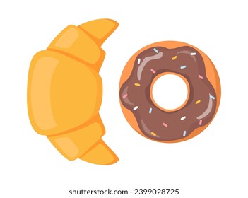 Croissant and donut. Yummy pastry desserts. Tasty sweet baked food. Vector illustration