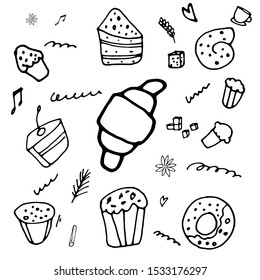 Croissant doodle icon. Vector cartoon croissant. Poster with croissant. Cute hand drawn croissant. Vector hand drawn cup Illustration. Black and white ink line art on bakery elements background.