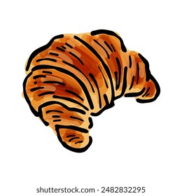 Croissant drawn in sketch style. Fresh French bun drawing. Breakfast pastry. Sweet tasty baked food. Vector illustration.