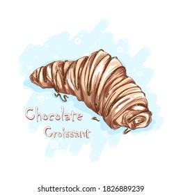 Croissant drizzled with chocolate or caramel topping. Desserts and sweets. Sketchy hand drawing of food.