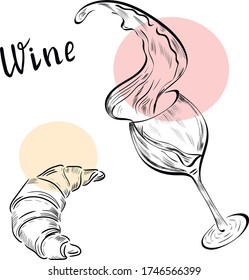  croissant food and drink with "Wine" lettering vector isolated on white background. Concept for logo, menu, cards, print 