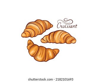 Croissant french food icon set. Bakery food  hand drawing line art over white background. Cake for breakfast banner