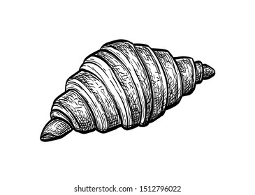 Croissant. French pastry. Ink sketch isolated on white background. Hand drawn vector illustration. Retro style.