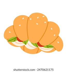 Croissant. French sandwich. Baguette with tomatoes, cheese and lettuce. Healthy breakfast food. Vector illustration in cartoon style. Isolated on white background
