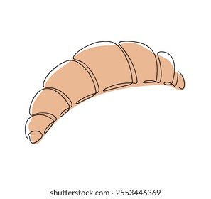 A croissant hand-drawn in one continuous line, isolated on a white background, vector. A graphic outline illustration with a colored spot in the background. Delicious pastry dessert for labels