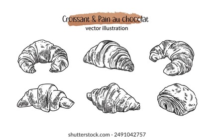 Croissant in Hand-drawn style set , Bakery sketch. croissant in black outline . Drawing of food elements , Vector illustration isolated on white background.