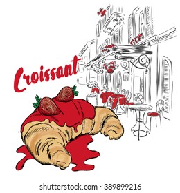 Croissant hand-drawn. Vector illustration. Postcard with dessert.