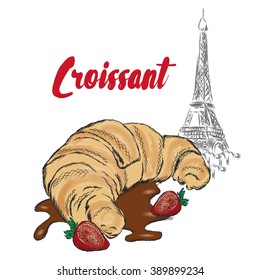 Croissant hand-drawn. Vector illustration. Postcard with dessert.