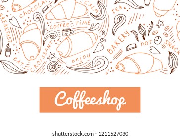 Croissant header for website in hand drawn style. Vector illustration. For cafe, bakery