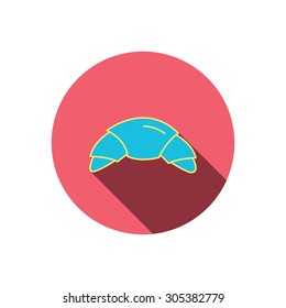 Croissant icon. Bread bun sign. Traditional french bakery symbol. Red flat circle button. Linear icon with shadow. Vector