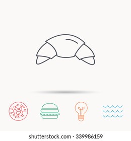Croissant icon. Bread bun sign. Traditional french bakery symbol. Global connect network, ocean wave and burger icons. Lightbulb lamp symbol.