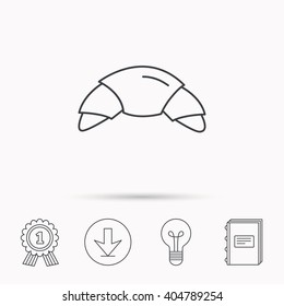 Croissant icon. Bread bun sign. Traditional french bakery symbol. Download arrow, lamp, learn book and award medal icons.