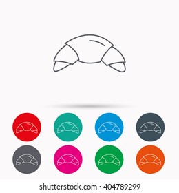 Croissant icon. Bread bun sign. Traditional french bakery symbol. Linear icons in circles on white background.