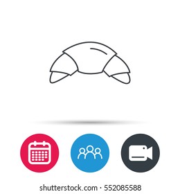 Croissant icon. Bread bun sign. Traditional french bakery symbol. Group of people, video cam and calendar icons. Vector