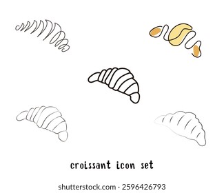Croissant icon of bread, line and black glyph, icon set. Hand drawn sketch fresh bakery. Shop flat food design.Icon for infographic, packaging label, vector for food app and website, bistro
