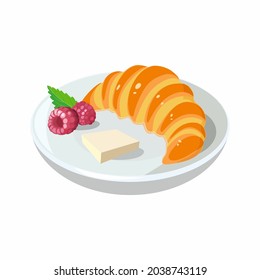 Croissant icon with butter on plate for classic hotel breakfast. Brunch healthy start day options food. For bakery shop or food design. Vector illustration.