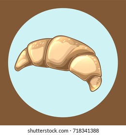 Croissant icon in circle. Cute design element for bakery shop and patisserie. Traditional French breakfast, delicious dessert. Vector food illustration. Hand drawn sketch of bun.