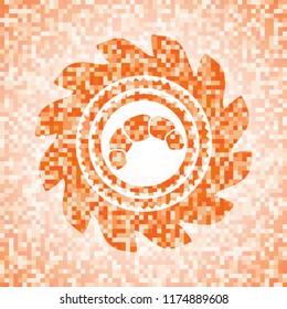 croissant icon inside abstract emblem, orange mosaic background