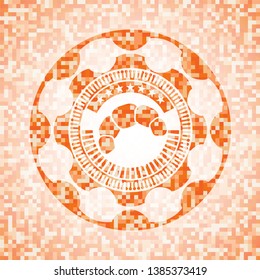 croissant icon inside abstract emblem, orange mosaic background