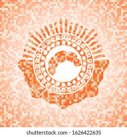 croissant icon inside abstract emblem, orange mosaic background