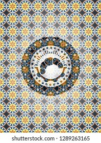 croissant icon inside arabesque badge background. arabic decoration.