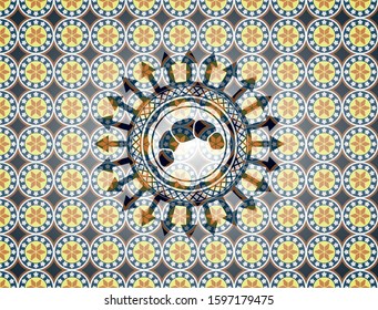 croissant icon inside arabic badge background. Arabesque decoration.