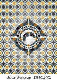 croissant icon inside arabic style badge. Arabesque decoration.