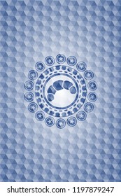 croissant icon inside blue emblem with geometric pattern background.