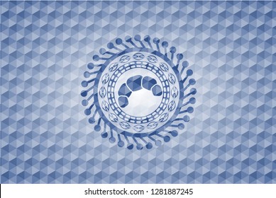 croissant icon inside blue emblem or badge with abstract geometric pattern background.