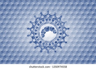 croissant icon inside blue emblem or badge with geometric pattern background.