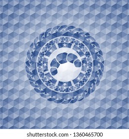 croissant icon inside blue emblem or badge with abstract geometric polygonal pattern background.