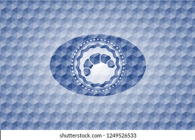 croissant icon inside blue polygonal emblem.