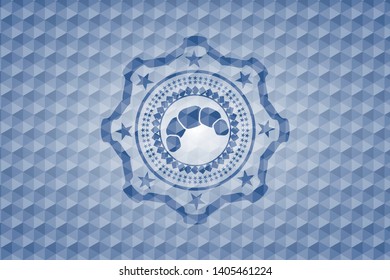 croissant icon inside blue polygonal emblem.