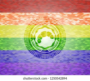 croissant icon inside emblem on mosaic background with the colors of the LGBT flag