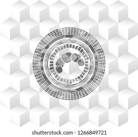 croissant icon inside grey emblem with geometric cube white background