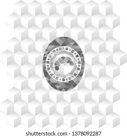 croissant icon inside grey icon or emblem with geometric cube white background