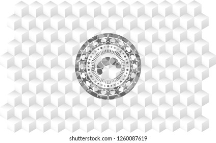 croissant icon inside realistic grey emblem with geometric cube white background