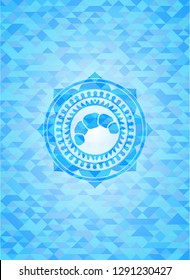 croissant icon inside realistic light blue emblem. Mosaic background