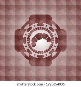 croissant icon inside red badge with geometric background. Seamless. 
