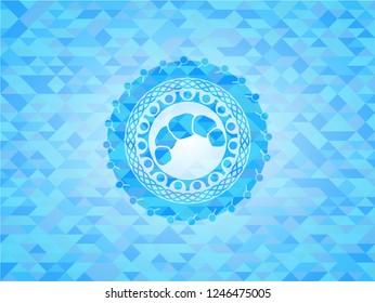 croissant icon inside sky blue emblem. Mosaic background