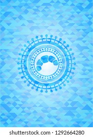 croissant icon inside sky blue emblem. Mosaic background