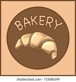 Croissant icon on beige background. Cute design element for bakery shop and patisserie. Traditional French breakfast, delicious dessert. Vector food illustration. Hand drawn sketch of bun.