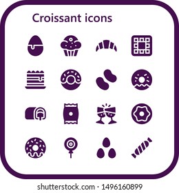 croissant icon set. 16 filled croissant icons.  Collection Of - Candy, Muffin, Croissant, Waffle, Tiramisu, Donut, Doughnut, Snack cake, Snack, Toast, Candies
