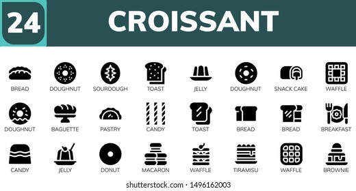 croissant icon set. 24 filled croissant icons.  Simple modern icons about  - Bread, Doughnut, Sourdough, Toast, Jelly, Snack cake, Waffle, Baguette, Pastry, Candy, Breakfast, Donut