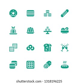 croissant icon set. Collection of 16 filled croissant icons included Bread, Cinnamon roll, Waffle, Macaron, Toast, Doughnut, Jelly, Baguette, Macarons
