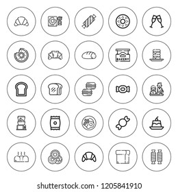 Croissant icon set. collection of 25 outline croissant icons with bakery, bread, breakfast, candy, donut, croissant, doughnut, jelly, macaron, macarons icons. editable icons.